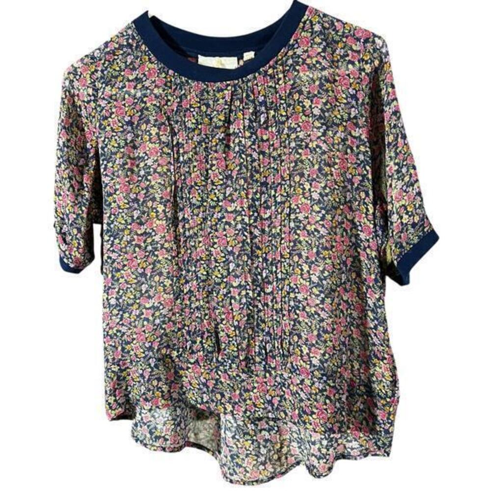 Anthro One Fine Day Posey silk semi sheer delicate floral pleated top sz XS